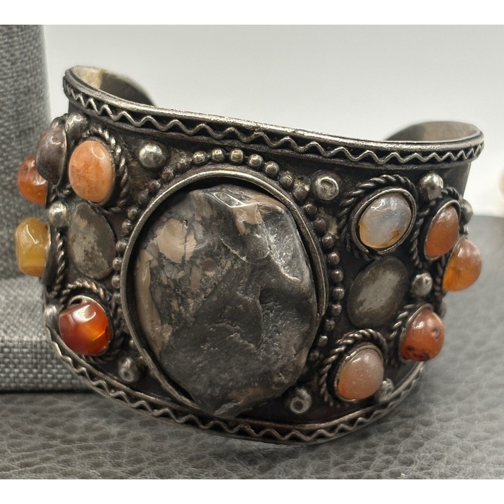 VTG Moroccan Ethnic Boho Cuff Bracelet Silver Tone Semi Precious Gemstones 7.5"
